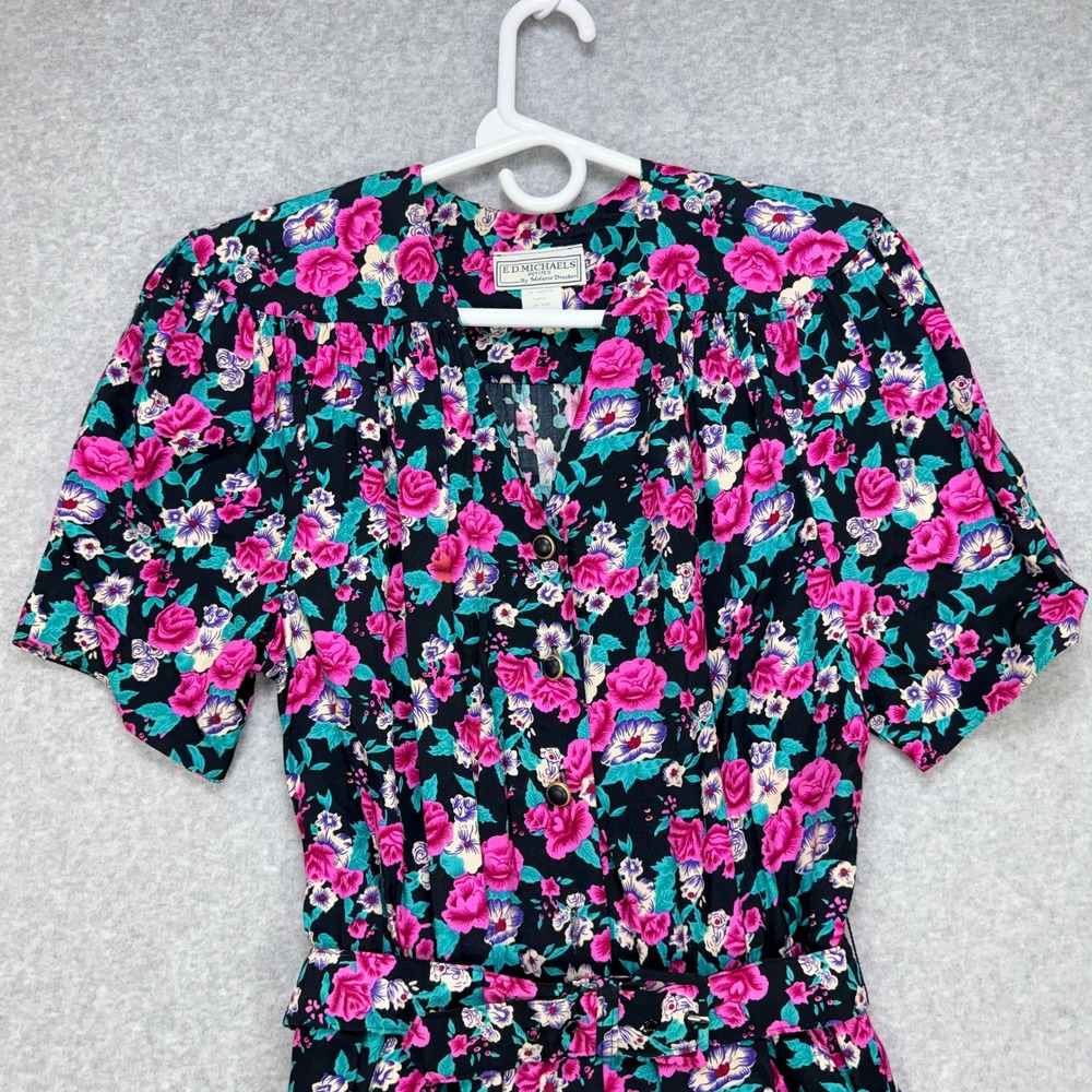 E.D. Michaels Floral Romper 9/10P Multicolor VTG 90s Cottagecore Shoulder Pads - Picture 3 of 15